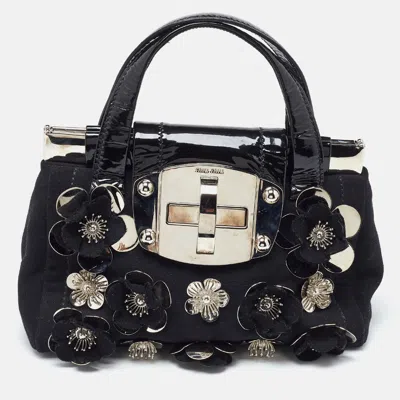 Miu Miu Canvas And Patent Leather Flower Embellished Satchel In Black
