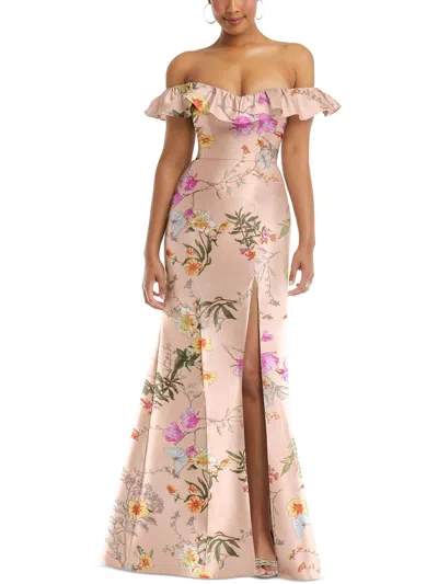 Alfred Sung Womens Floral Print Polyester Evening Dress In Beige