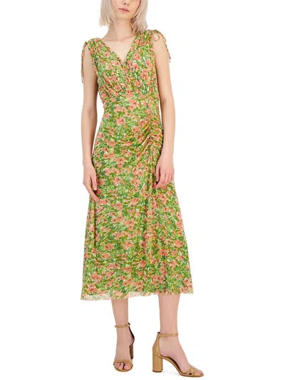 Anne Klein Womens Floral Print Tea Length Shift Dress In Green