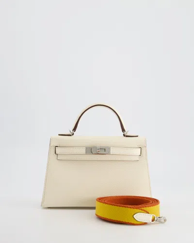 Hermes Mini Kelly Ii Sellier 20cm In Nata Epsom Leather With Palladium Hardware & Fabric Strap In Jaune & A In White
