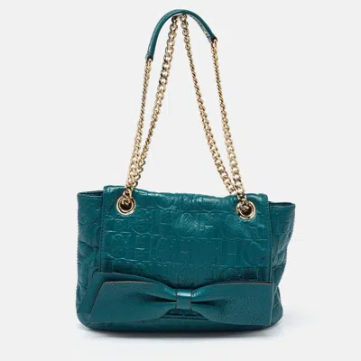 Ch Carolina Herrera Monogram Embossed Leather Bow Shoulder Bag In Green