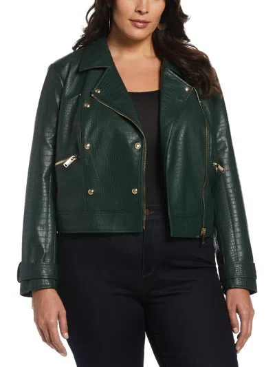 Ella Rafaella Plus Womens Faux Leather Embossed Motorcycle Jacket In Green