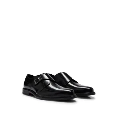 Hugo Leather Monk Shoes With Buckle And Single Strap In Black