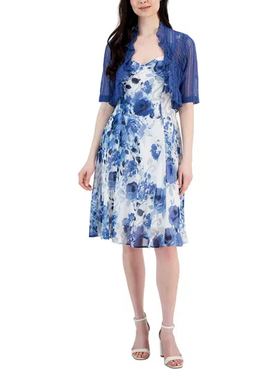 Connected Apparel Womens Floral Print Bolero Two Piece Dress In Blue