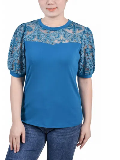 Ny Collection Petites Womens Lace Burnout Blouse In Blue