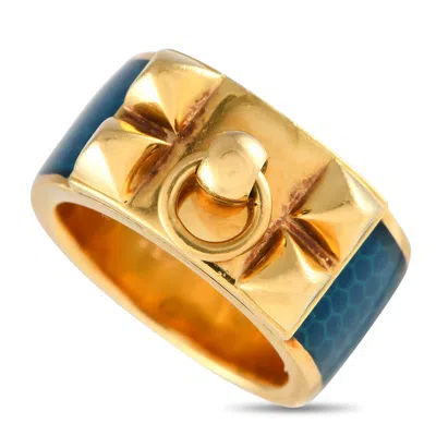 Pre-owned Hermes Herms Collier De Chien 18k Yellow Gold Blue Enameled Ring He32-051524