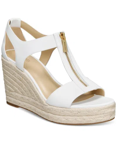 Michael Kors Michael  Women's Berkley Distressed Denim Espadrille Wedge Heel Platform Sandals In Optic White