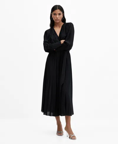 Mango Pleated Wrap Dress Black