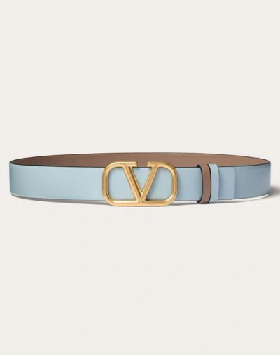 Valentino Garavani Reversible Vlogo Signature Belt In Glossy Calfskin 30 Mm Woman Porcelain Blue/cla In Porcelain Blue/clay