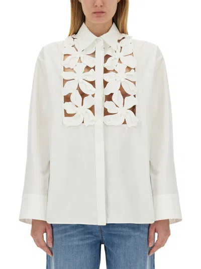 Valentino Poplin Floral Button-front Shirt With Lasercut Bib In White