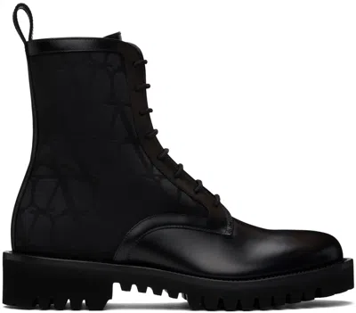 Valentino Garavani Black Toile Iconographe Combat Boots In 0no Nero