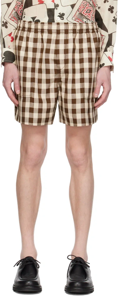 Bode Brown & White Gilbert Check Shorts In Brwht