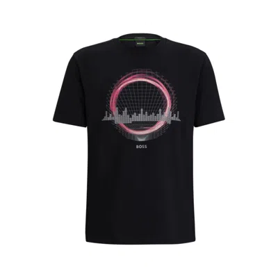 Hugo Boss Stretch-cotton Regular-fit T-shirt With Seasonal Artwork In Black
