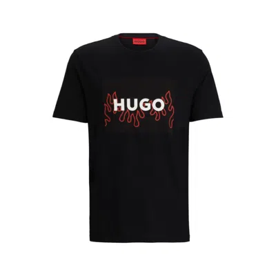 Hugo Cotton-jersey Regular-fit T-shirt With Flame Logo In Black