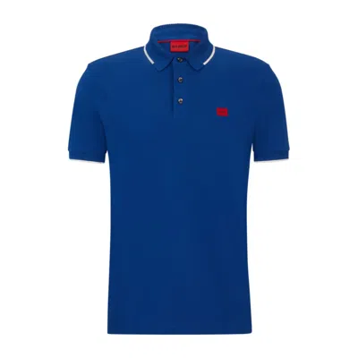 Hugo Cotton-piqu Slim-fit Polo Shirt With Logo Label In Blue