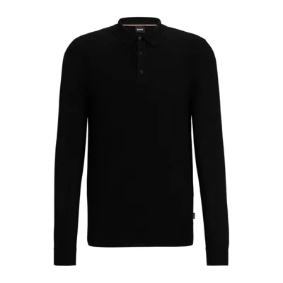 Hugo Boss Wool-blend Polo Shirt With Graphic Jacquard Structure In Black