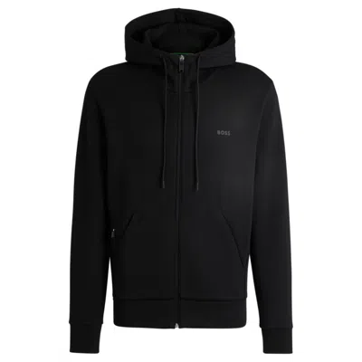 Hugo Boss Stretch-cotton Zip-up Hoodie With Logo Print In Black