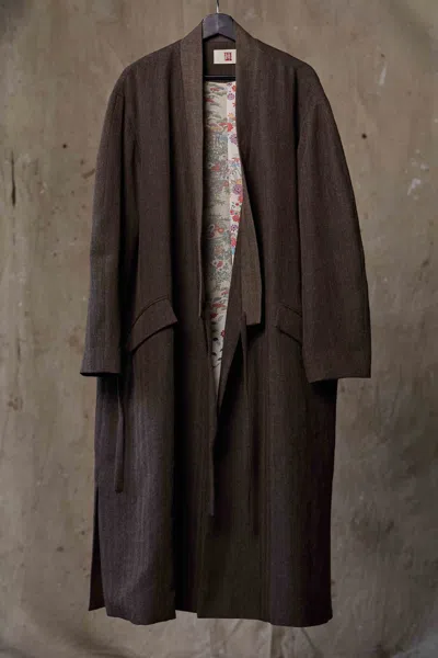 Aviva Jifei Xue Reversible Long Kimono Coat W/ Vintage Patchwork Lining In Dark Brown Mix