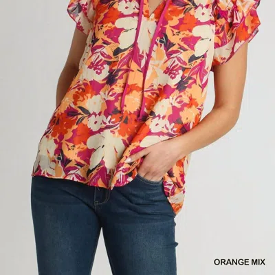 Umgee Metallic Lurex Floral Print Layered Sleeve Blouse In Metallic Orange