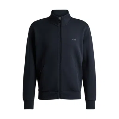 Hugo Boss Stretch-cotton Zip-up Sweatshirt With Logo Print In Dark Blue