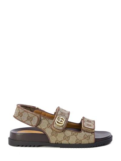 Gucci Double G Canvas Sandals In Brown