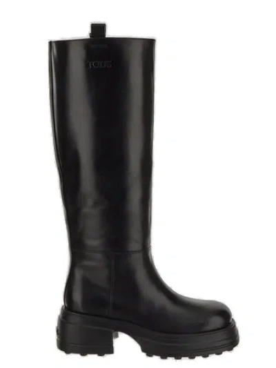 Tod's Logo Embossed Knee-length Boots In Black