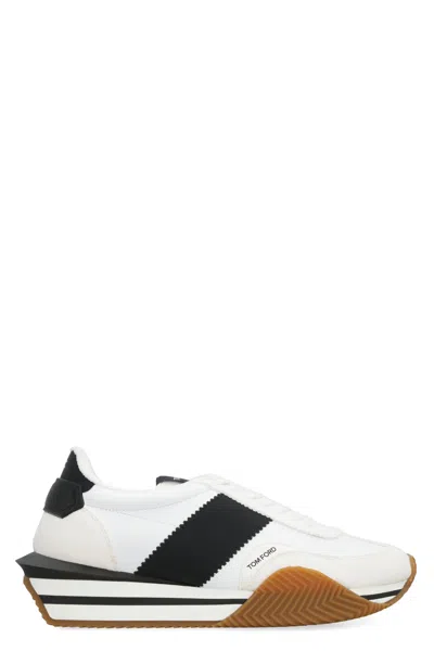 Tom Ford Men's White Leather Low-top Sneakers With Contrasting Inserts And Round Toe