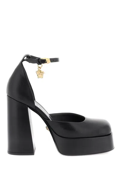 Versace Black Leather Pumps With Covered Platform And Maxi Heel For Women