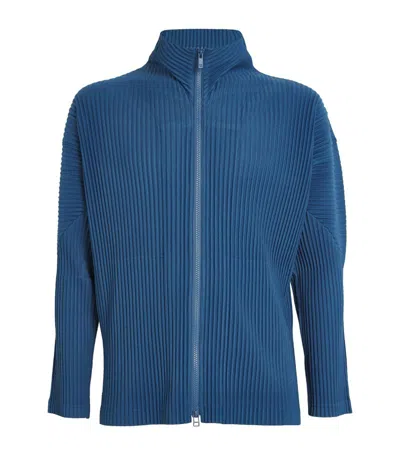 Issey Miyake Pleated Zip-up Cardigan In Blue