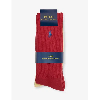 Polo Ralph Lauren Logo-embroidered Crew-length Pack Of Three Cotton-blend Socks In 3pk Red/yellow/blue