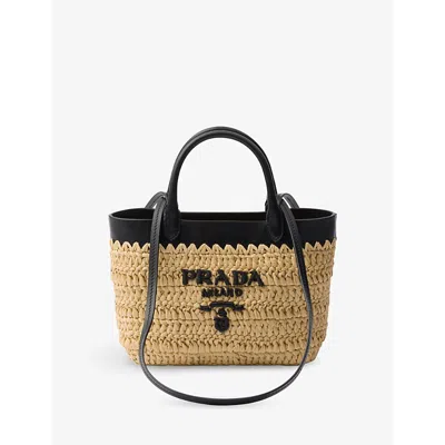 Prada Logo-embroidered Mini Crochet And Leather Tote Bag In Neutral