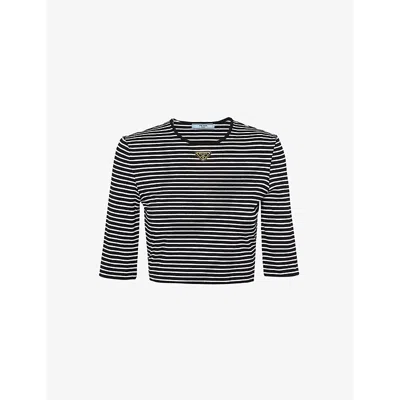 Prada Womens Black Stripe-pattern Brand-plaque Cotton-jersey Top