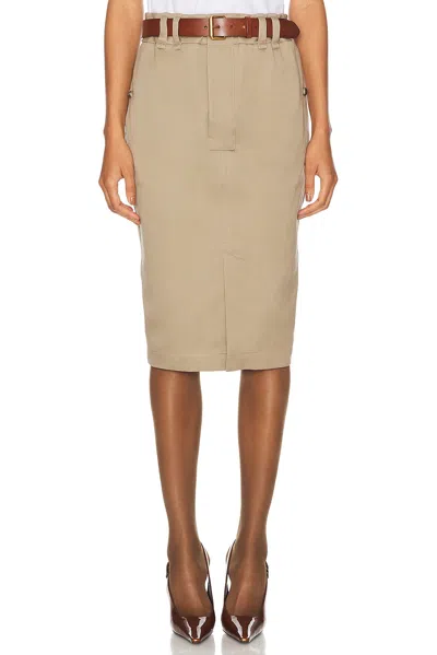 Saint Laurent Belted Cotton Pencil Skirt In Beige