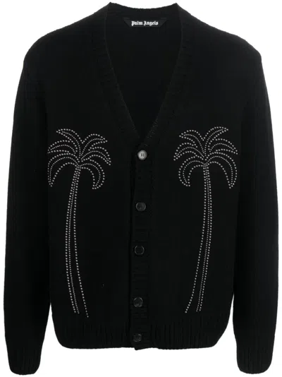 Palm Angels Studded V-neck Cardigan In Black  