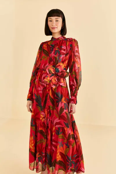 Farm Rio Red Rooster Leaves Long Sleeve Maxi Dress In Rooster Leaves Red