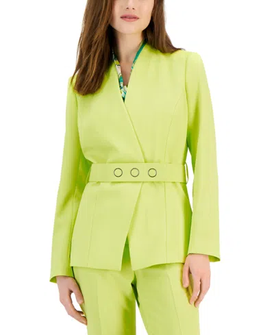 Tahari Asl Womens Belted Wrap Collarless Blazer Sleeveless Bow Neck Blouse Classic Straight Leg Pants In Lime