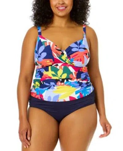 Anne Cole Plus Size Crossover Underwire Tankini Top High Waist Bikini Bottoms In Tropic Stamp