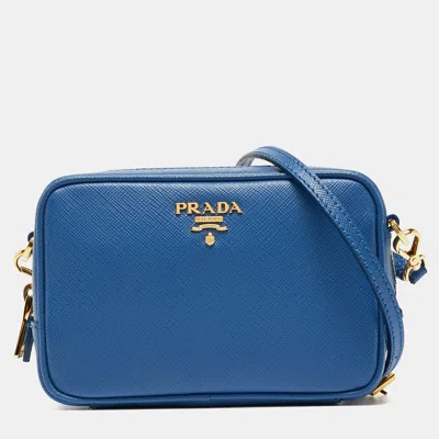 Prada Saffiano Lux Leather Mini Top Zip Camera Bag In Blue