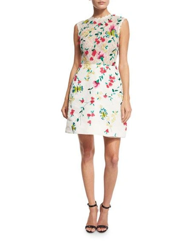 Monique Lhuillier Sleeveless Floral-lace Cocktail Dress, White/multi In White Multi