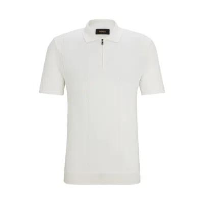 Hugo Boss Zip-neck Polo Shirt In Cotton And Silk In White