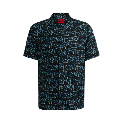 Hugo Relaxed-fit Short-sleeved Shirt With Seasonal Print In Turquoise