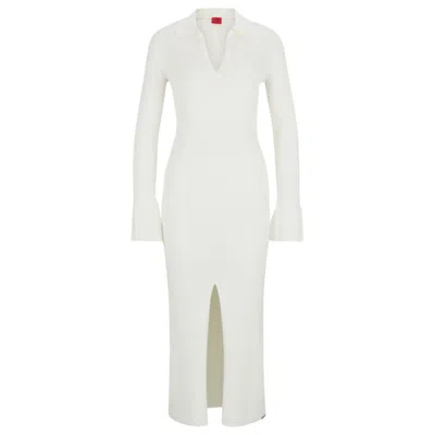 Hugo Front-slit Polo Dress In Ribbed Crepe In White