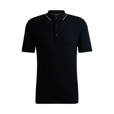 Hugo Boss Mixed-structure Polo Sweater In Silk And Cotton In Dark Blue