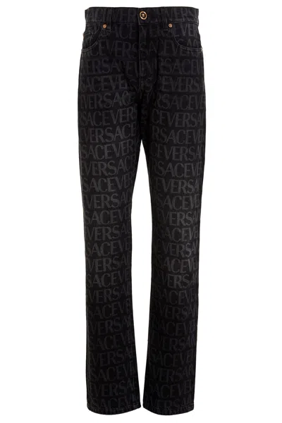 Versace Logo-print Straight-leg Jeans In Black