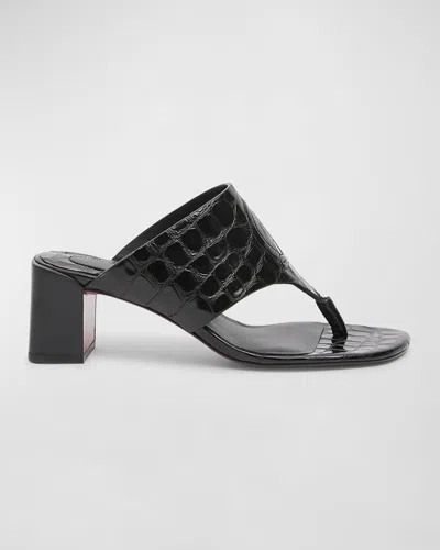 Christian Louboutin Leather Logo Red Sole Thong Slide Sandals In Black
