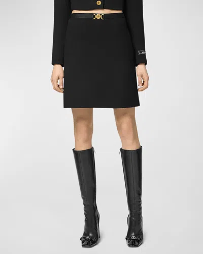 Versace Medusa-belt Double Wool Crepe Stretch Mini Skirt In Black