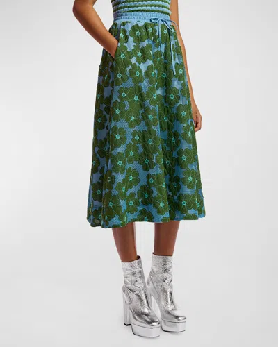 Essentiel Antwerp Feast Two-tone Floral Embroidered Midi Skirt In Emerald