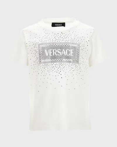 Versace Kids' Girl's Bedazzled Logo-print T-shirt In White/crystal