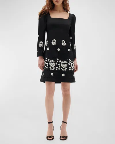 Figue Mazie Eyelet Embroidered Square-neck Long-sleeve Mini Dress In Black