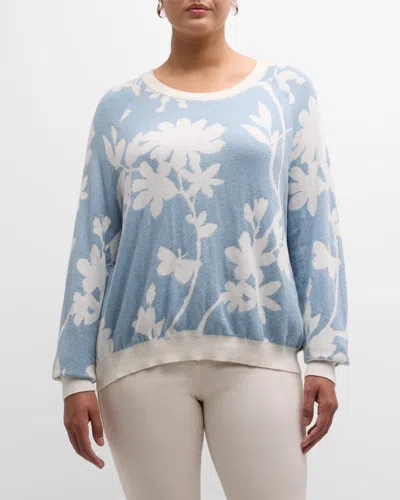 Minnie Rose Plus Size Reversible Floral Intarsia Jumper In Fresco Blue/starch